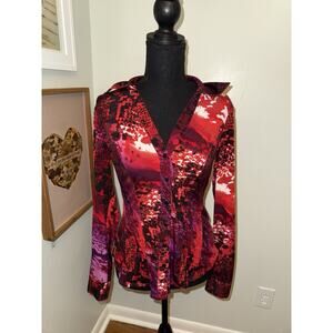 Cache Sheer Maroon Copper Abstract Print Blouse Long Sleeve Buttoned Small Y2K